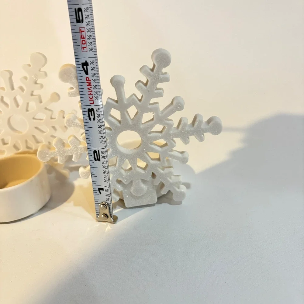 White Glitter Snowflake Tea Light Candle Holders Set of 2 Holiday Christmas